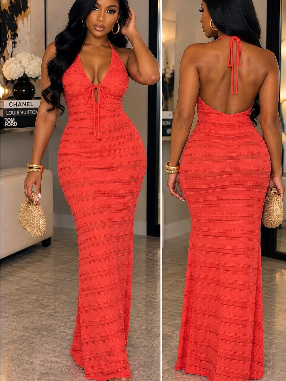Backless Halter Maxi Dress in Red - Elegant Evening Dress